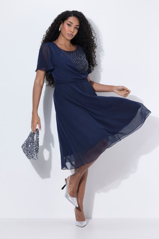 Robe de soirée en mousseline, longueur midi et drapé