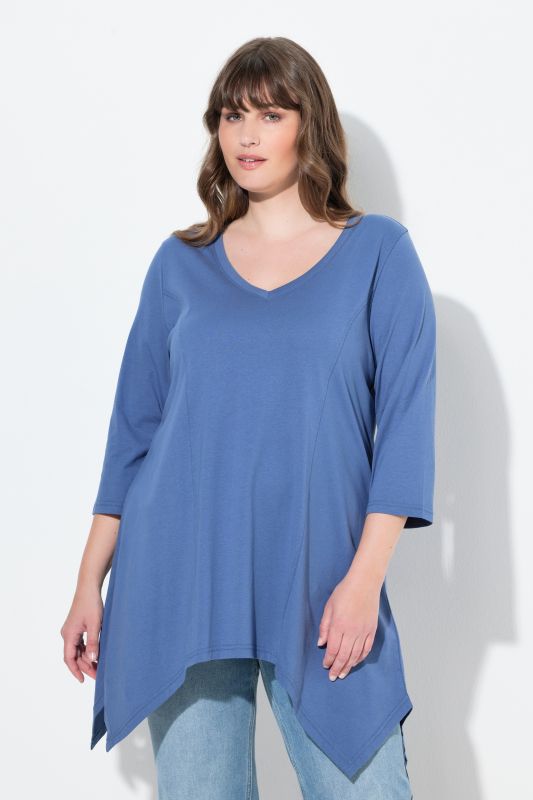 T-shirt, finition en pointe, col en V, manches 3/4, coton bio