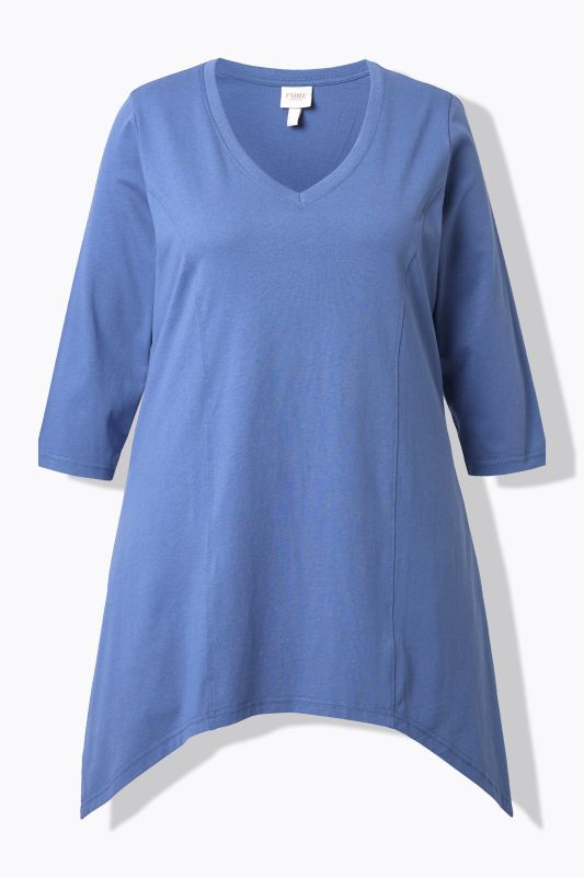 T-shirt, finition en pointe, col en V, manches 3/4, coton bio