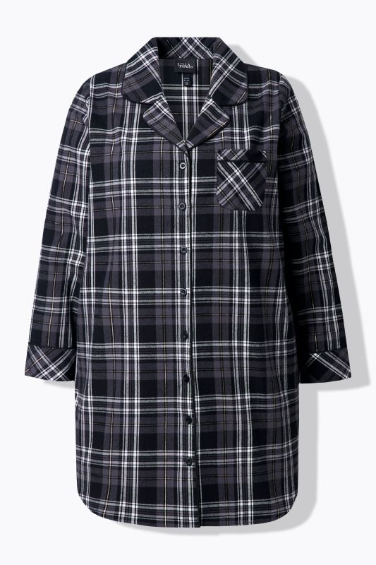 Chemise de nuit en flanelle, motif à carreaux, col à revers, manches longues