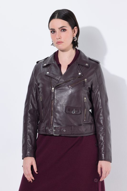 Veste en cuir style motard, col à revers et ceinture nouée