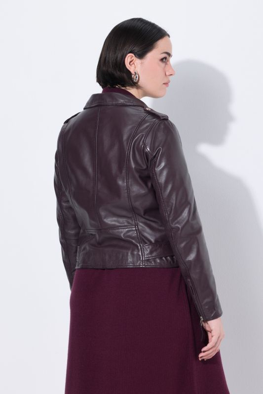 Veste en cuir style motard, col à revers et ceinture nouée