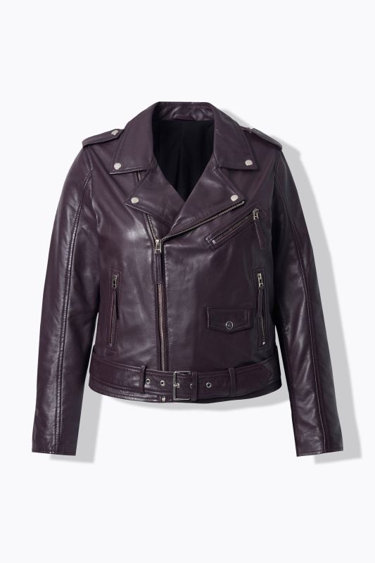 Veste en cuir style motard, col à revers et ceinture nouée