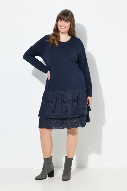 Robe en molleton à col rond et manches longues, coton bio et dentelle