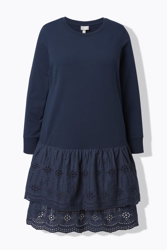 Robe en molleton à col rond et manches longues, coton bio et dentelle