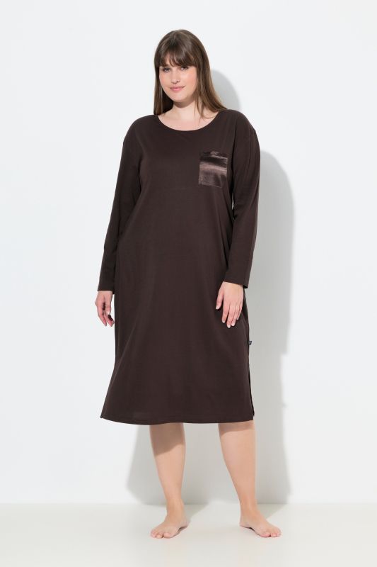 Chemise de nuit à col rond et manches longues, poche poitrine en satin