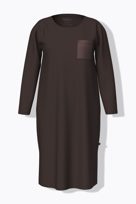 Chemise de nuit à col rond et manches longues, poche poitrine en satin