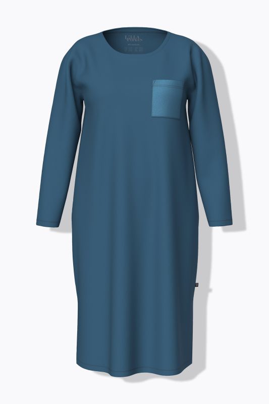 Chemise de nuit à col rond et manches longues, poche poitrine en satin