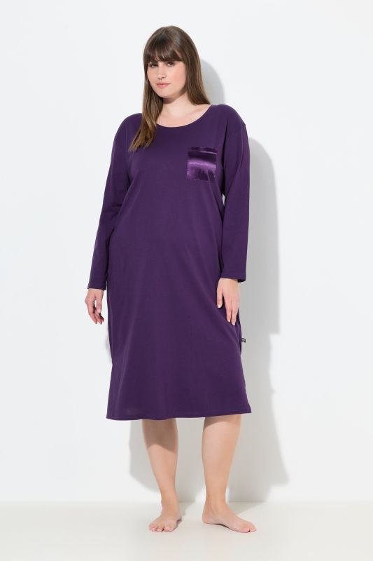 Chemise de nuit à col rond et manches longues, poche poitrine en satin