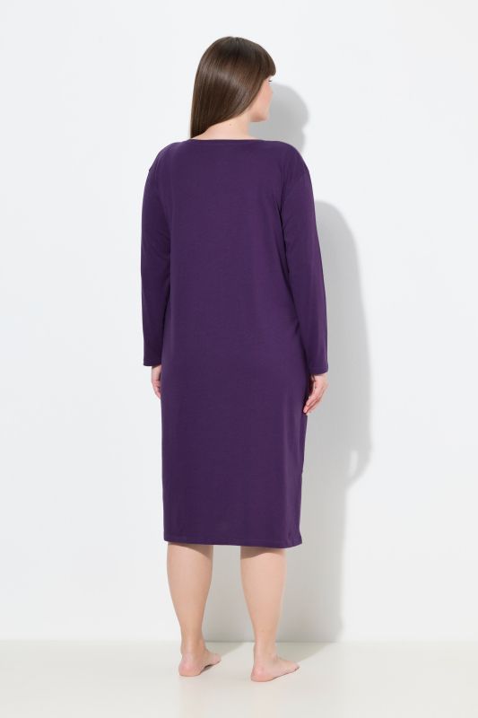 Chemise de nuit à col rond et manches longues, poche poitrine en satin