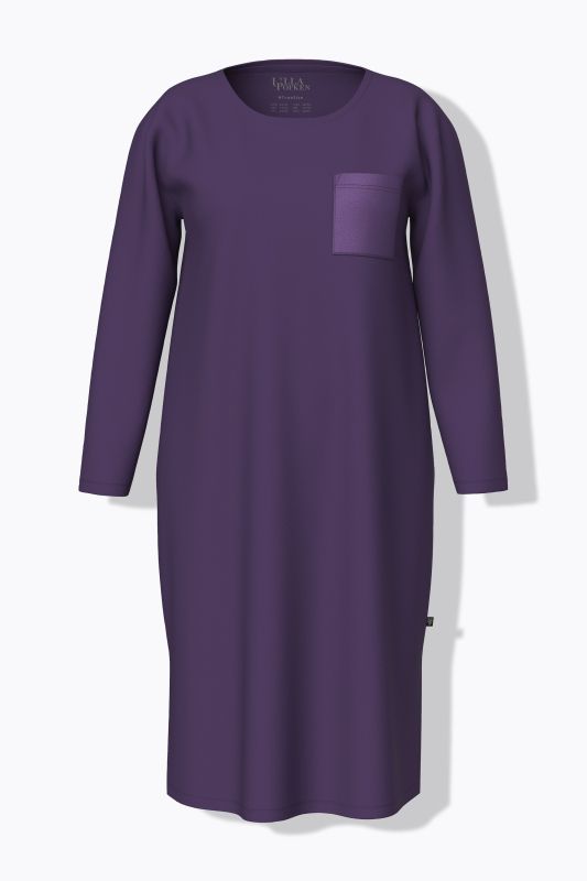 Chemise de nuit à col rond et manches longues, poche poitrine en satin