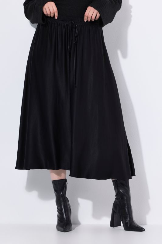Jupe midi en satin, silhouette en A, ceinture élastique et cordon de serrage