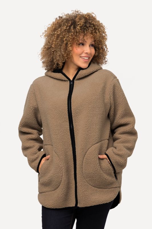 Veste à capuche en peluche, poches zippées, surpiqûres