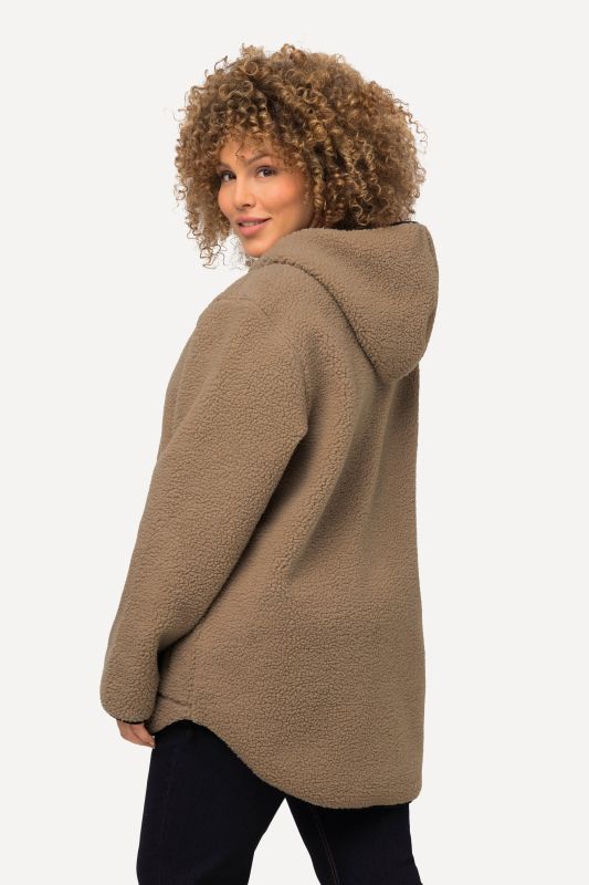 Veste à capuche en peluche, poches zippées, surpiqûres