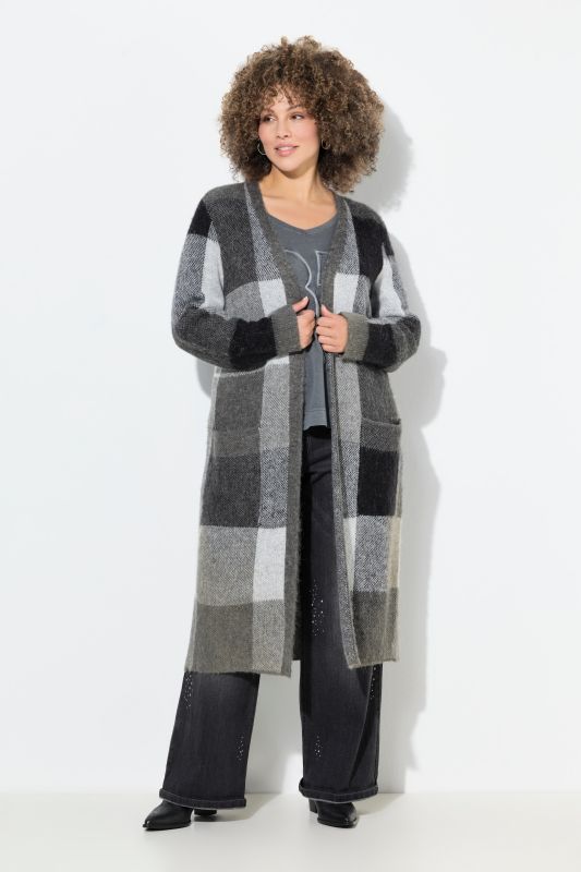 Cardigan long à carreaux, coupe ouverte avec poches