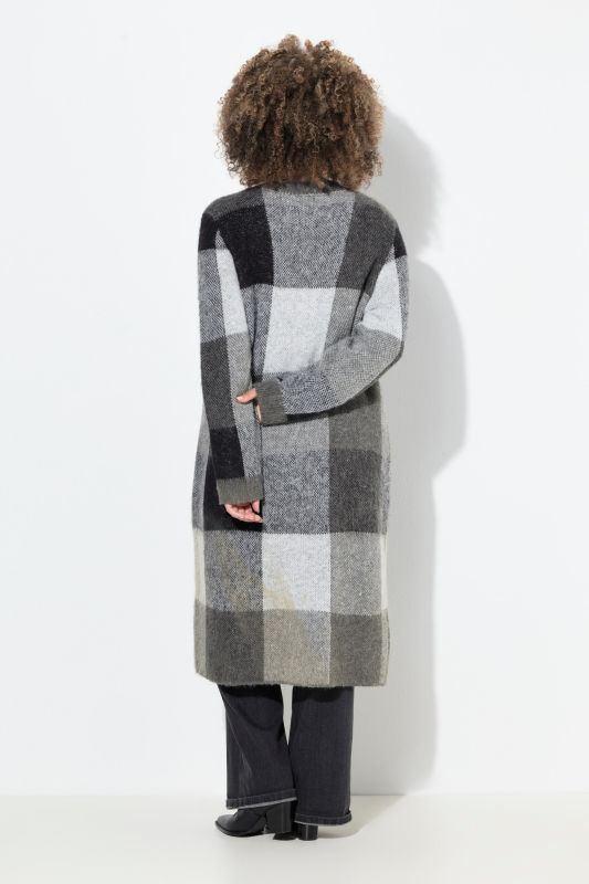 Cardigan long à carreaux, coupe ouverte avec poches