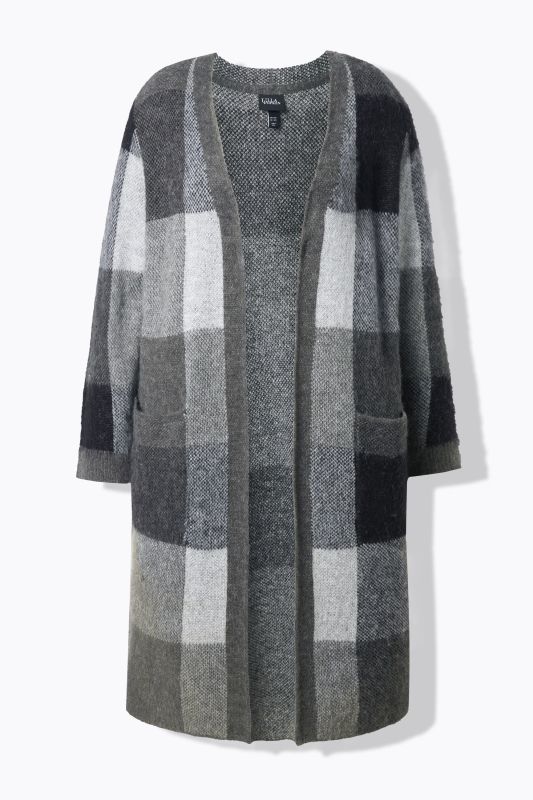 Cardigan long à carreaux, coupe ouverte avec poches