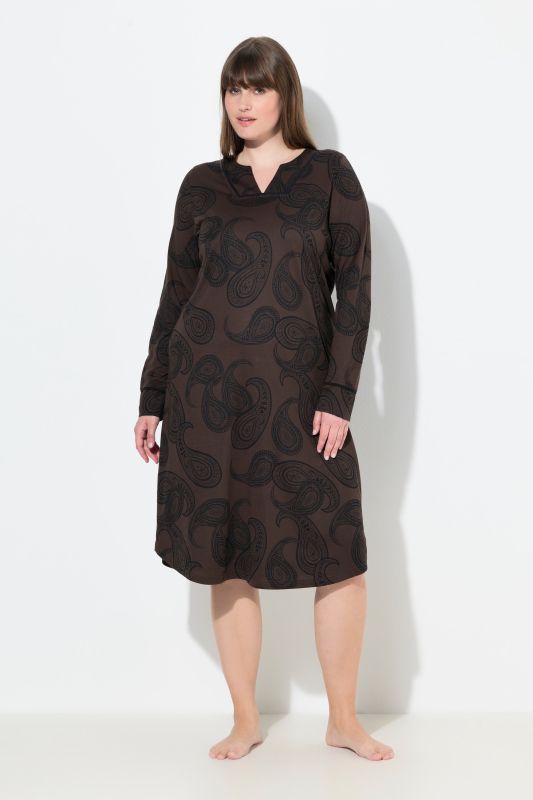 Chemise de nuit à motif cachemire, col tunisien et manches longues