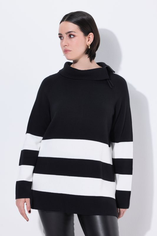 Pull à col roulé et manches longues, larges rayures et fermeture à glissière