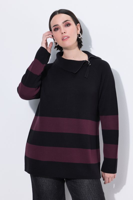 Pull à col roulé et manches longues, larges rayures et fermeture à glissière