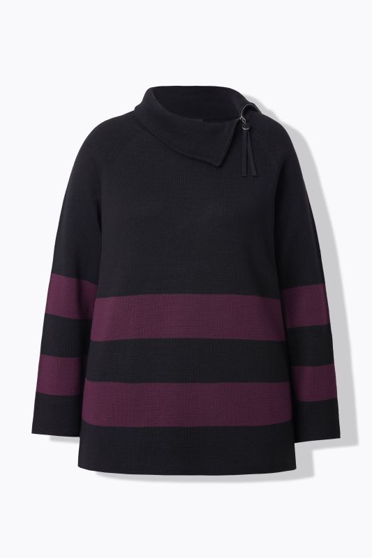 Pull à col roulé et manches longues, larges rayures et fermeture à glissière