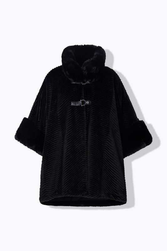 Poncho oversize en fourrure tissée, col montant et boutons fantaisie