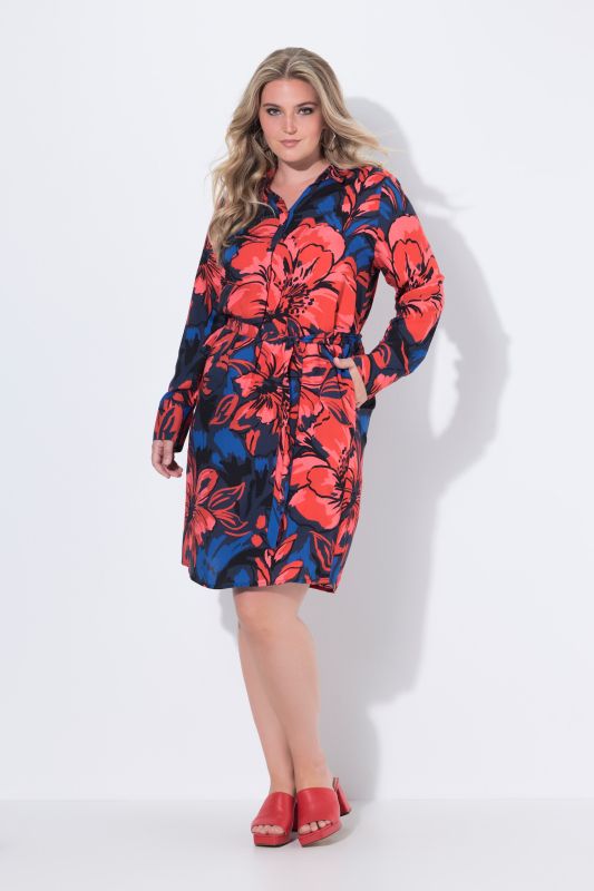 Robe à col chemise, encolure en V et manches longues, motif floral et poches