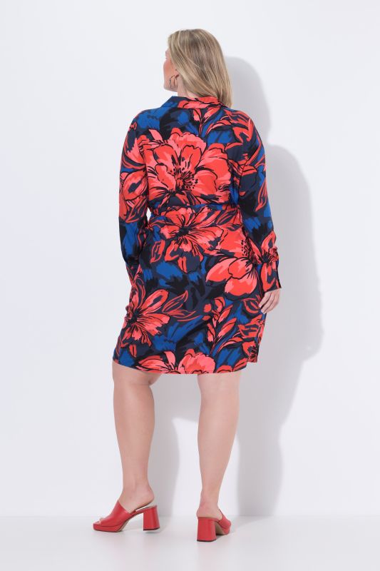 Robe à col chemise, encolure en V et manches longues, motif floral et poches