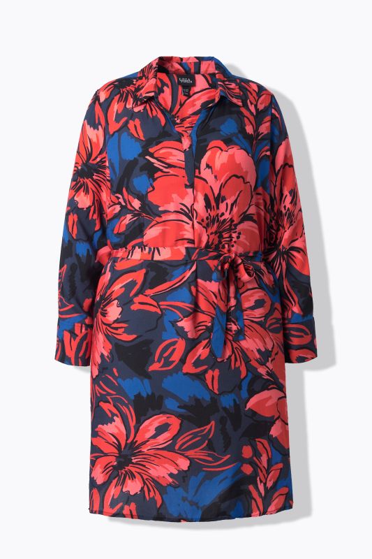 Robe à col chemise, encolure en V et manches longues, motif floral et poches
