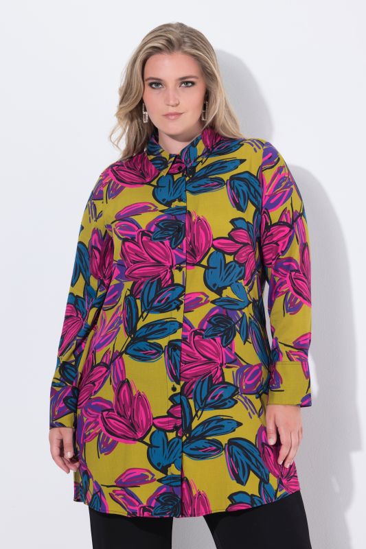 Chemisier long à fleurs, col chemise et manches longues