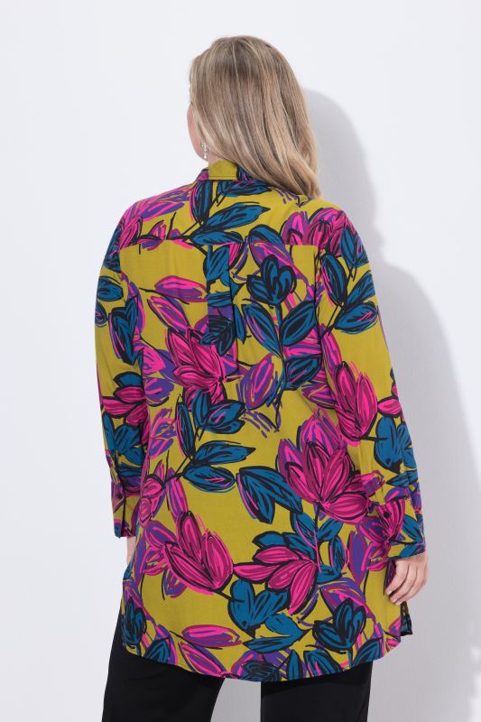 Chemisier long à fleurs, col chemise et manches longues