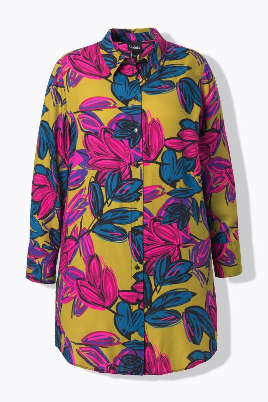 Chemisier long à fleurs, col chemise et manches longues