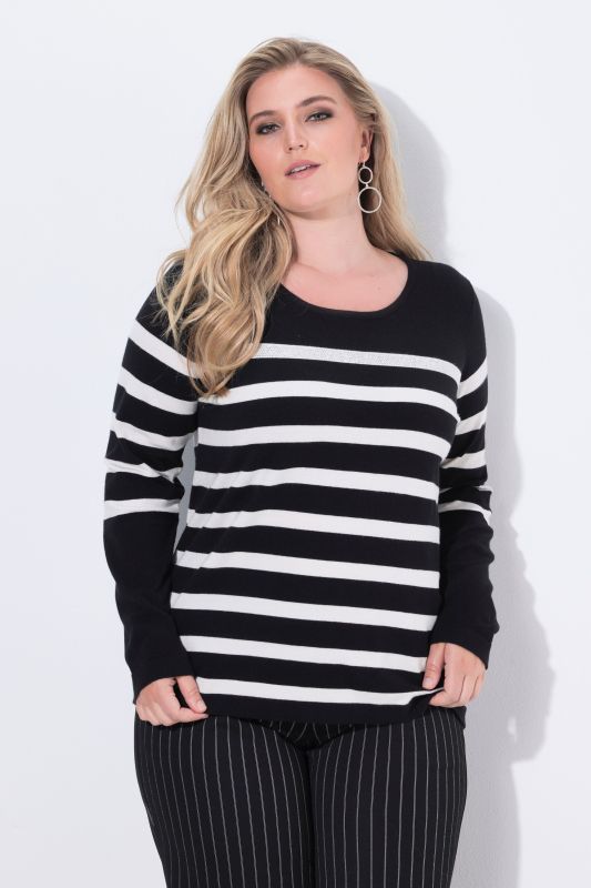 Pull à col rond et manches longues, rayures et strass