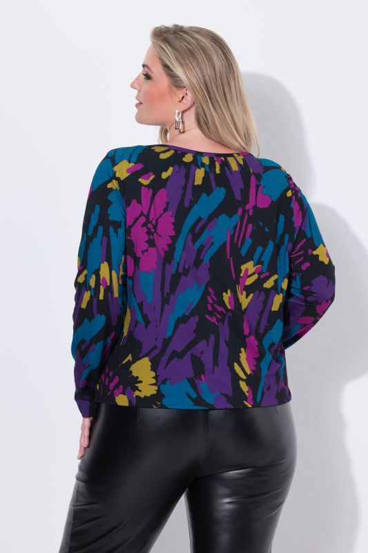 T-shirt à col rond et manches longues, motif floral, découpe et base élastique