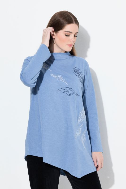 T-shirt long à col montant et manches longues, coton bio, broderie