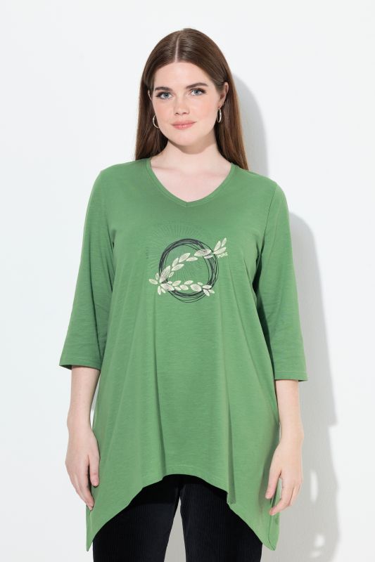 T-shirt en coton bio avec broderie, col V et manches 3/4