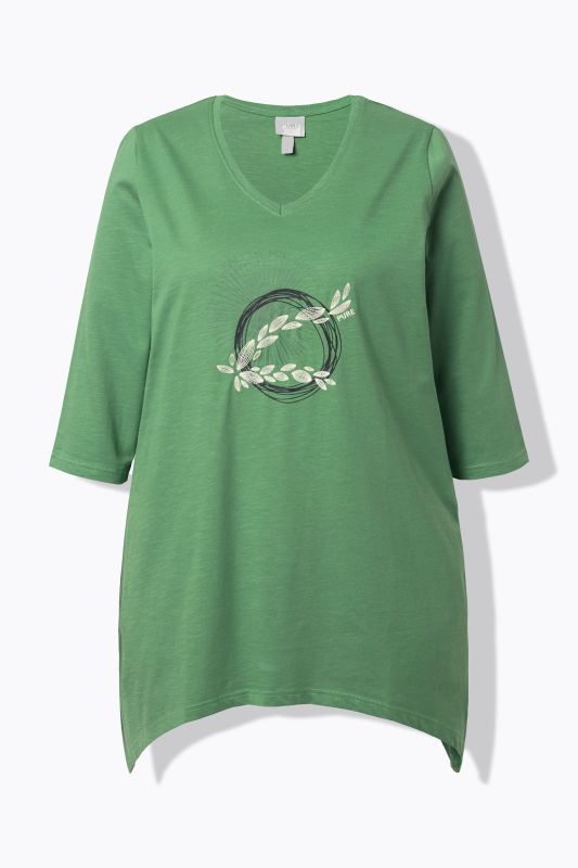 T-shirt en coton bio avec broderie, col V et manches 3/4