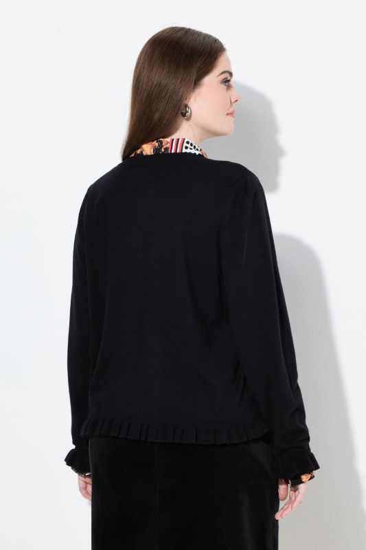 Cardigan à col rond et manches longues, patte de boutonnage et ruché