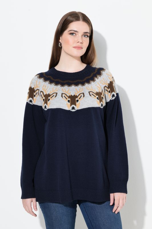 Pull norvégien, motif rennes, col rond et manches longues