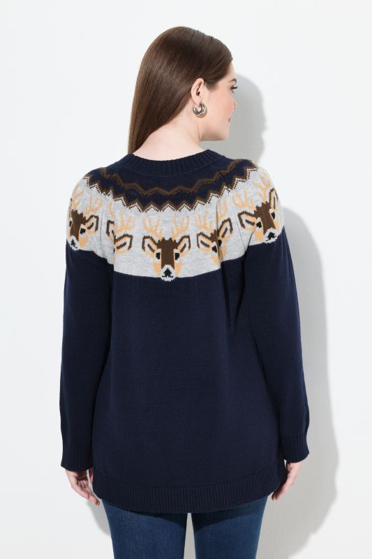 Pull norvégien, motif rennes, col rond et manches longues