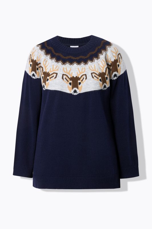 Pull norvégien, motif rennes, col rond et manches longues