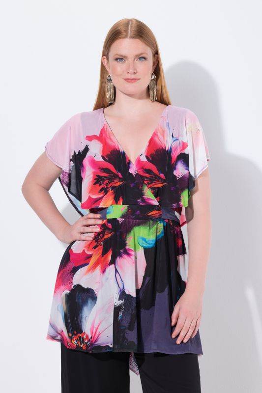 Tunique avec voile en mousseline, manches courtes chauve-souris