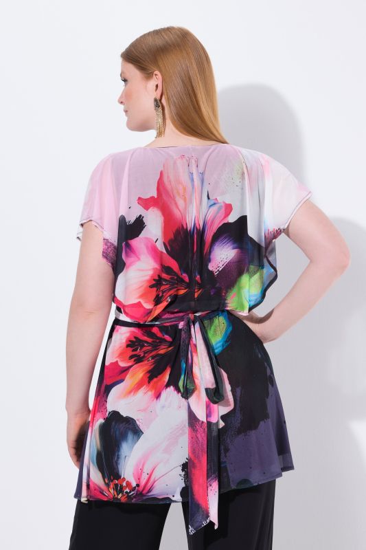 Tunique avec voile en mousseline, manches courtes chauve-souris