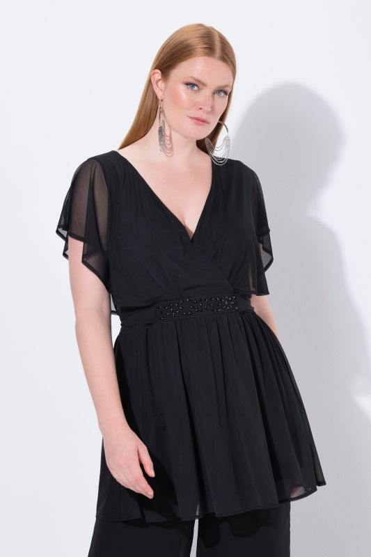 Tunique avec voile en mousseline, manches courtes chauve-souris