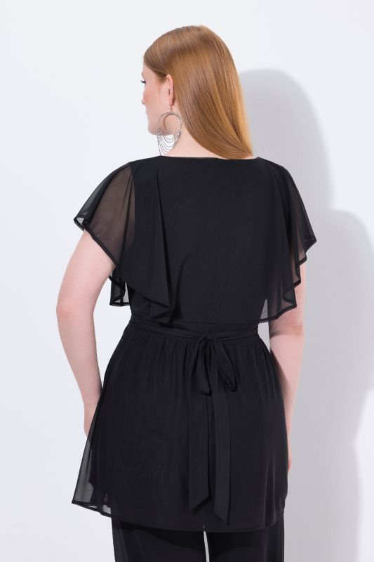 Tunique avec voile en mousseline, manches courtes chauve-souris