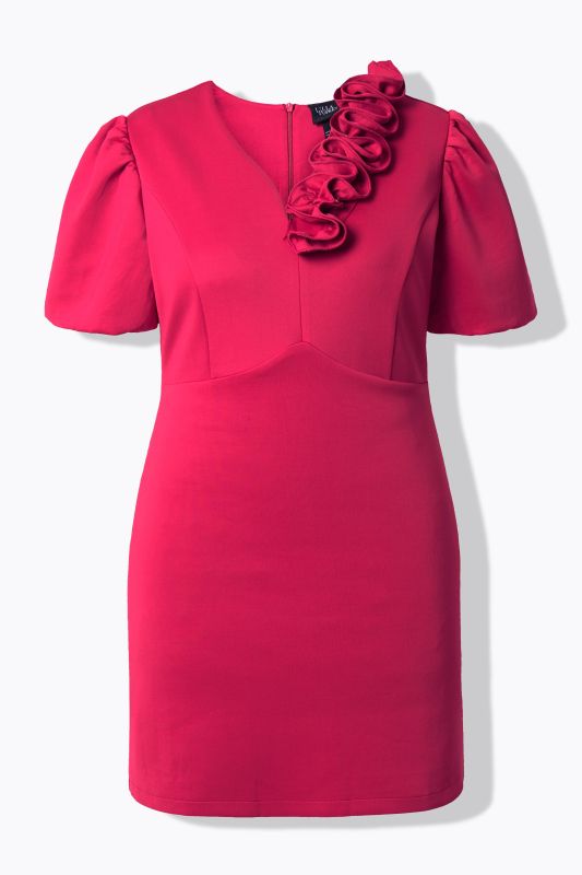 Robe bodycon en tissu scuba, roses 3D et manches courtes bouffantes