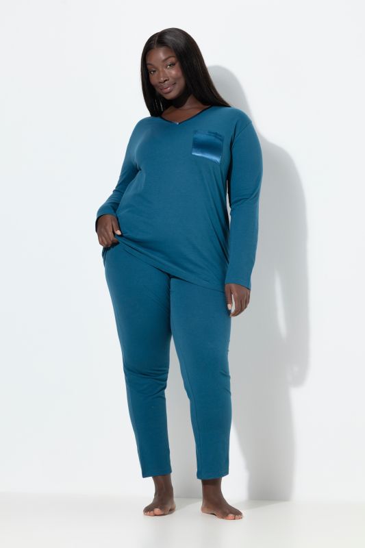 Pyjama à col en V et manches longues, poche poitrine en satin