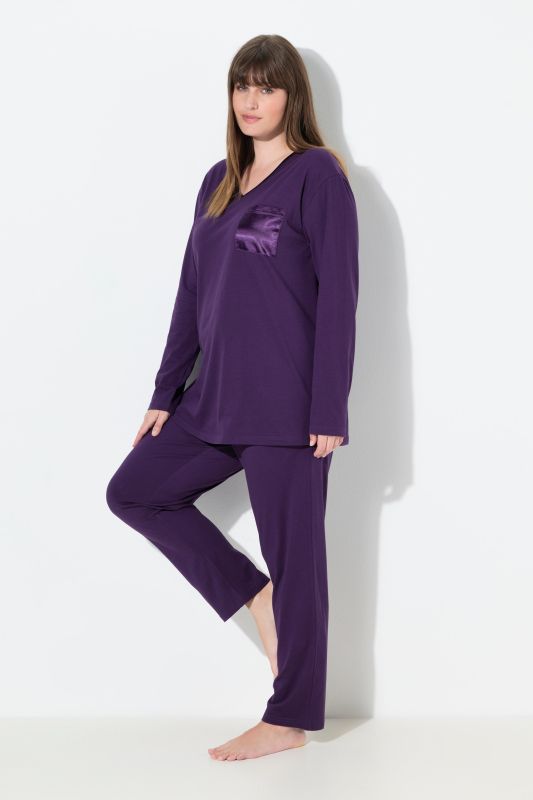 Pyjama à col en V et manches longues, poche poitrine en satin