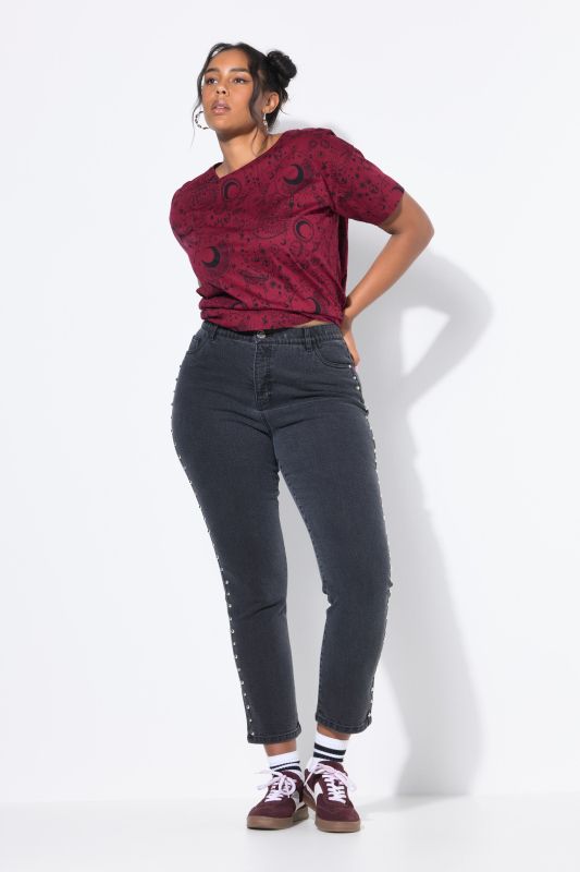 Jean Mom coupe 5 poches à taille élastique, rivets fantaisie