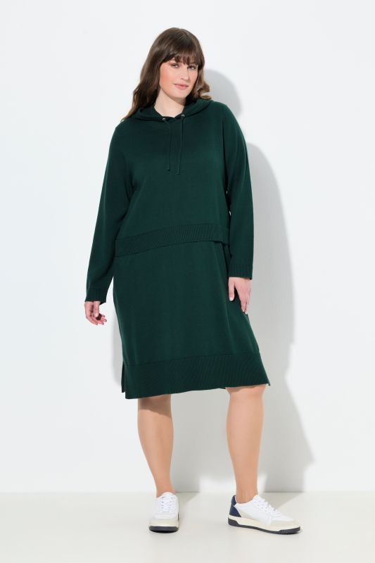 Robe en maille. Effet de superposition. Capuche et manches longues. Coton bio.